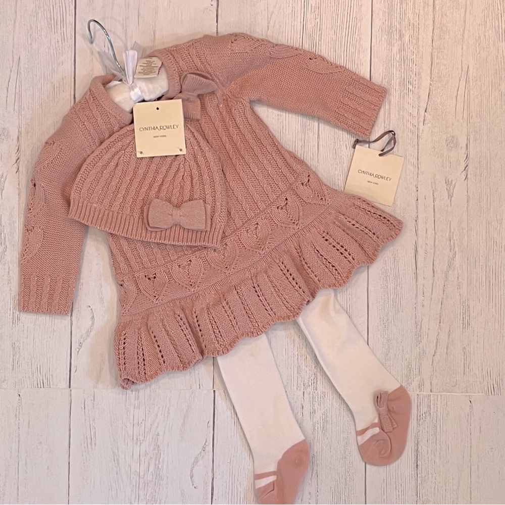 NWT 3pc Set Knit Dress with matching Tights and Knit Hat Size 0-3M